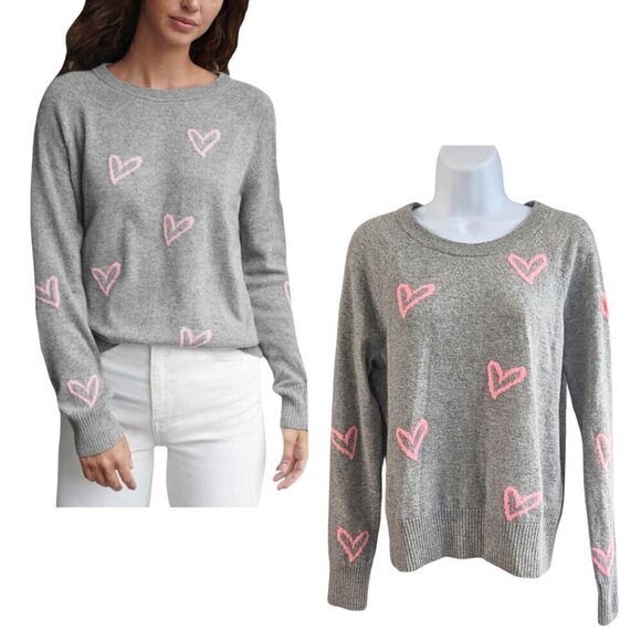 White + Warren Sweaters - WHITE + WARREN 100% Cashmere Graffiti Heart Intarsia Gray Pullover Sweater Size